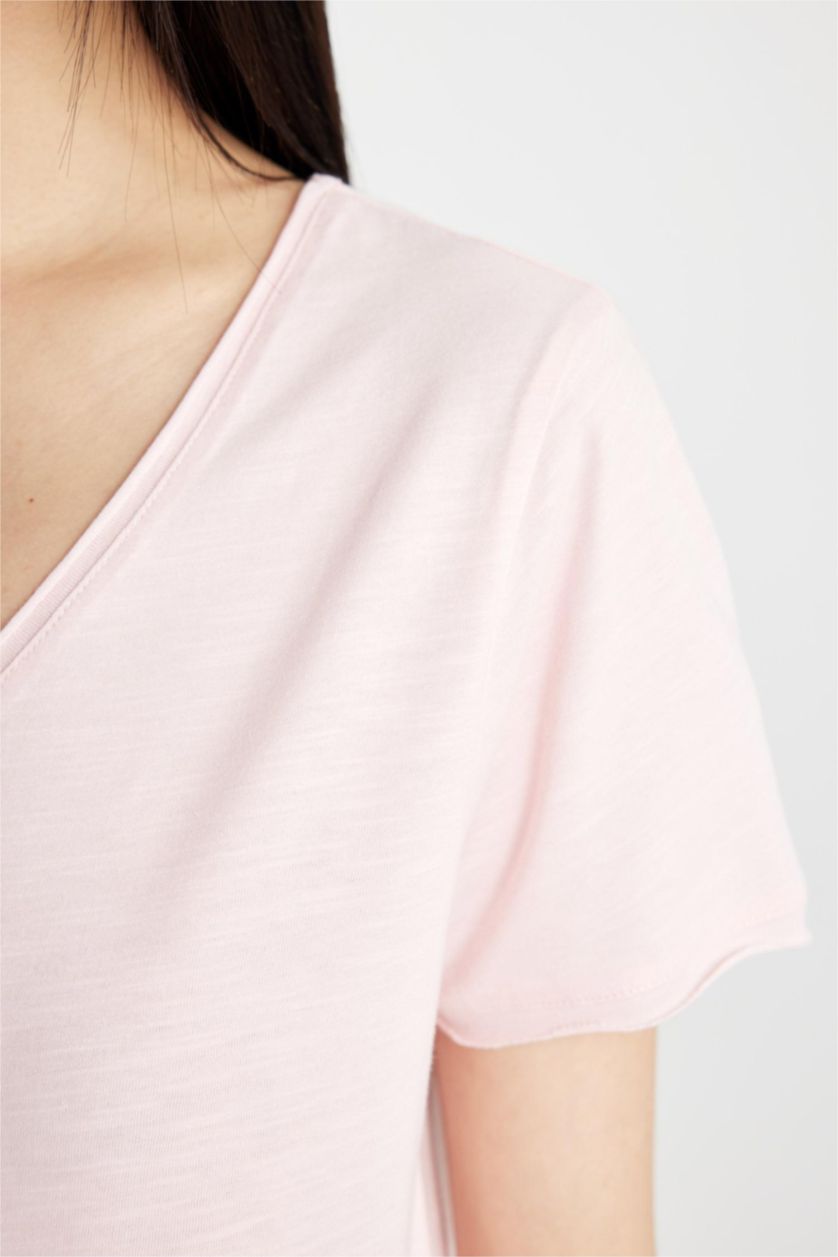 WOMAN Light Pink Regular Fit V-neck Short Sleeve T-Shirt