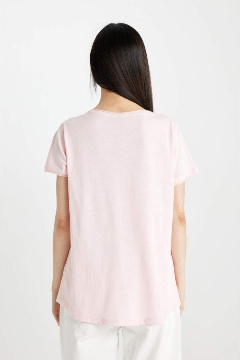 WOMAN Light Pink Regular Fit V-neck Short Sleeve T-Shirt