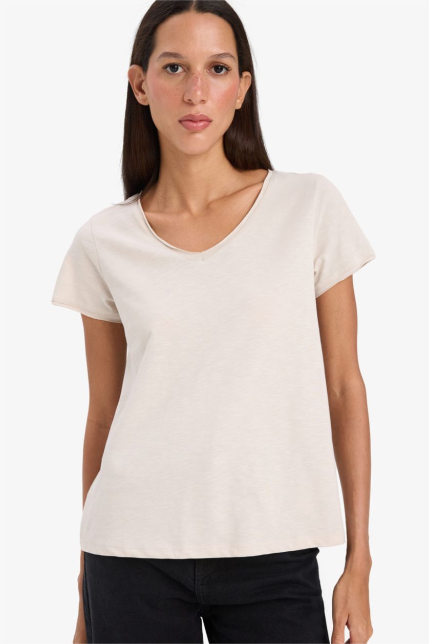 Kadın Bej %100 Pamuk Basıc Düz Tişört