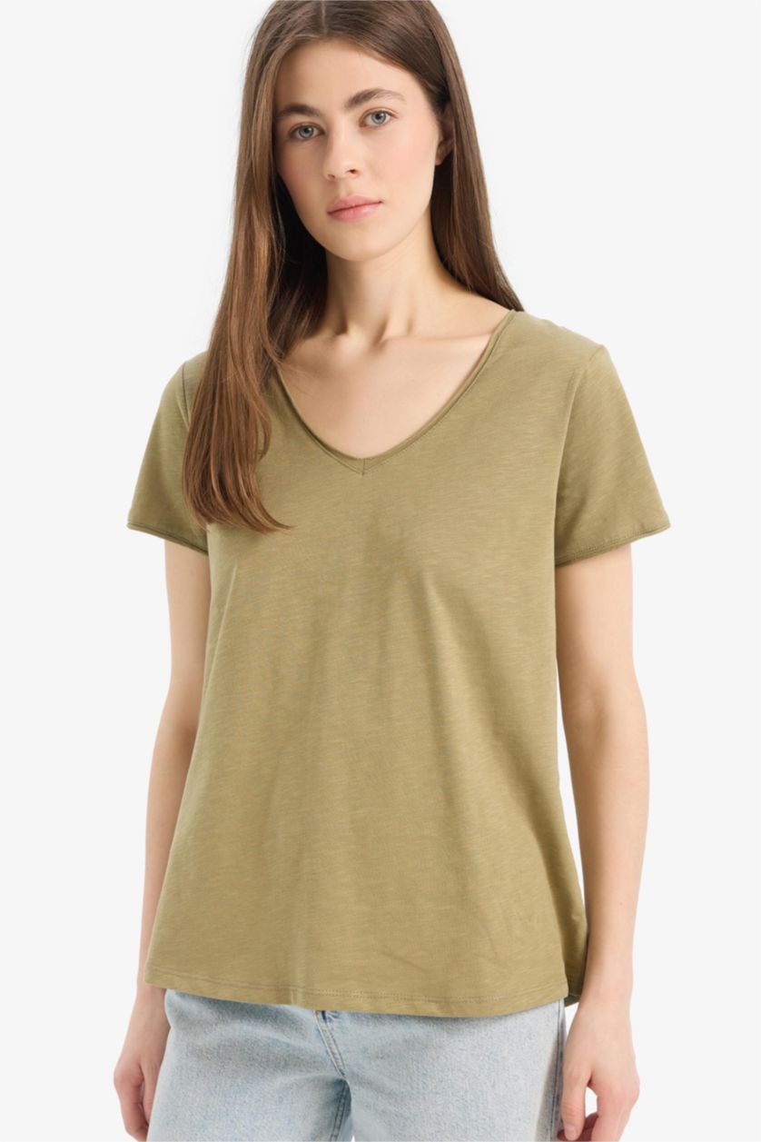 Woman Khaki Regular Fit V Neck Basic Short Sleeve T-Shirt
