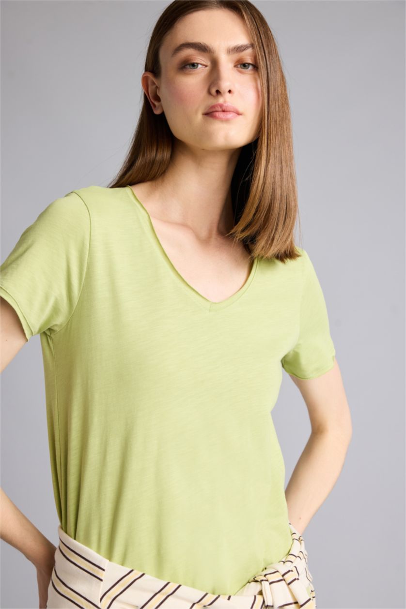 Kadın Açık Yeşil Regular Fıt Basıc Kısa Kollu Tişört