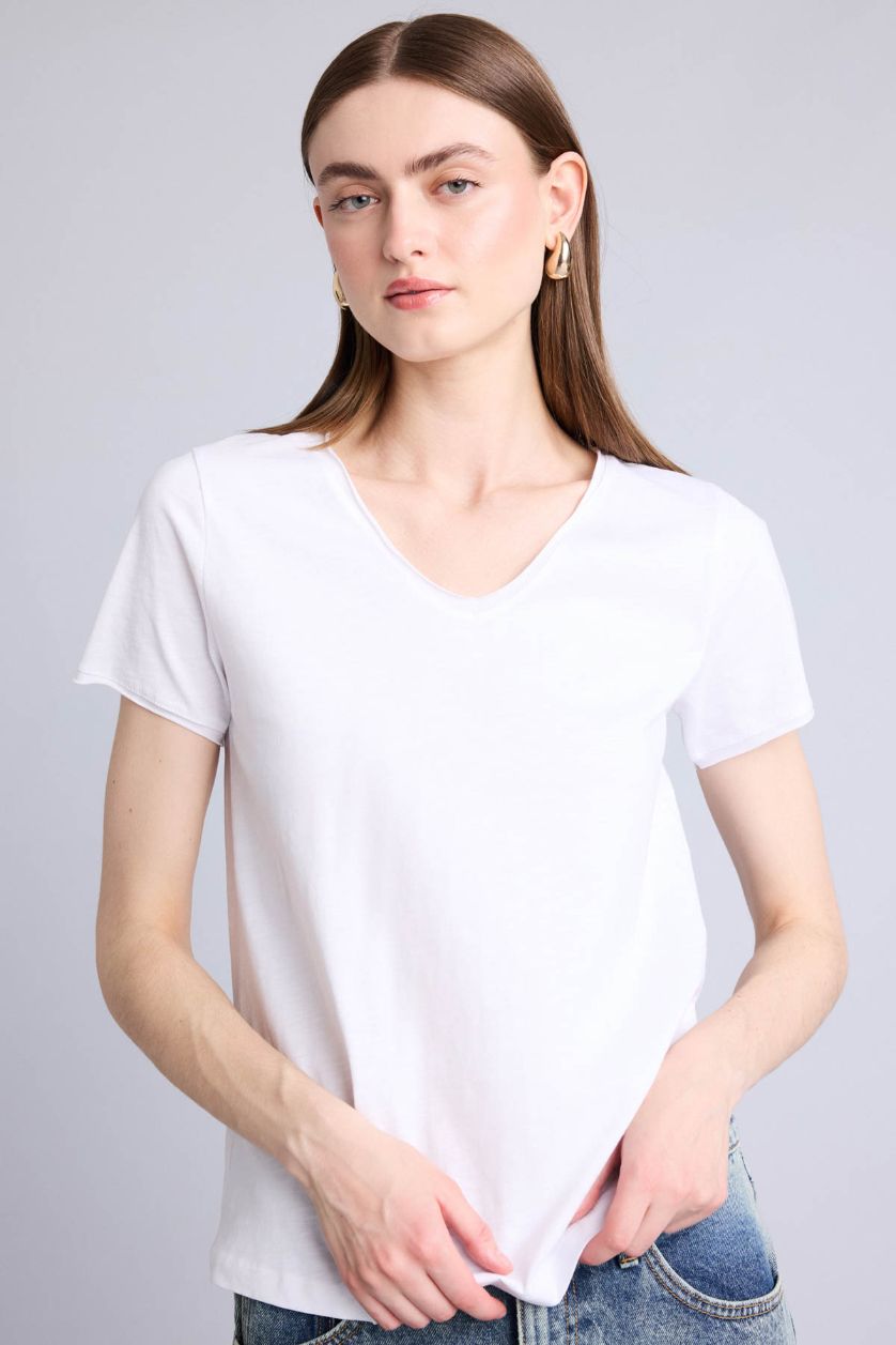 FEMME Blanc T-Shirt 100% coton Coupe Classique À Manches Courtes Et Col En V