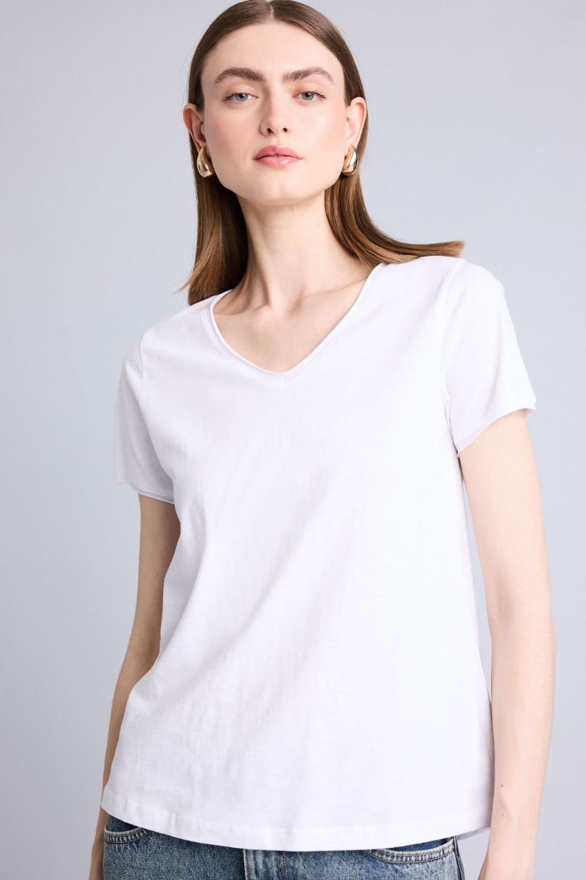 FEMME Blanc T-Shirt 100% coton Coupe Classique À Manches Courtes Et Col En V