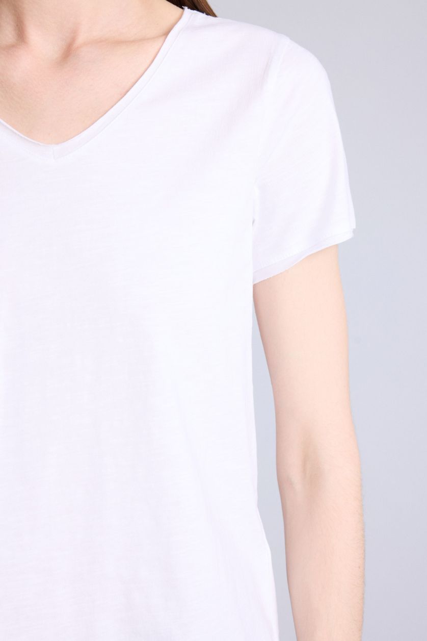 FEMME Blanc T-Shirt 100% coton Coupe Classique À Manches Courtes Et Col En V