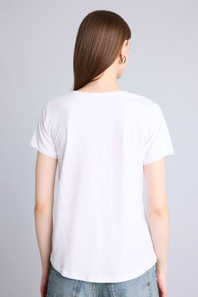 FEMME Blanc T-Shirt 100% coton Coupe Classique À Manches Courtes Et Col En V