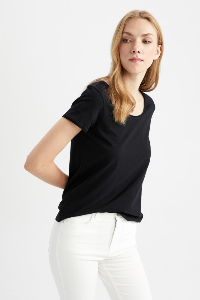 نساء أسود تيشيرت قطن نص ردن قصة عادية بياخة مستديرة