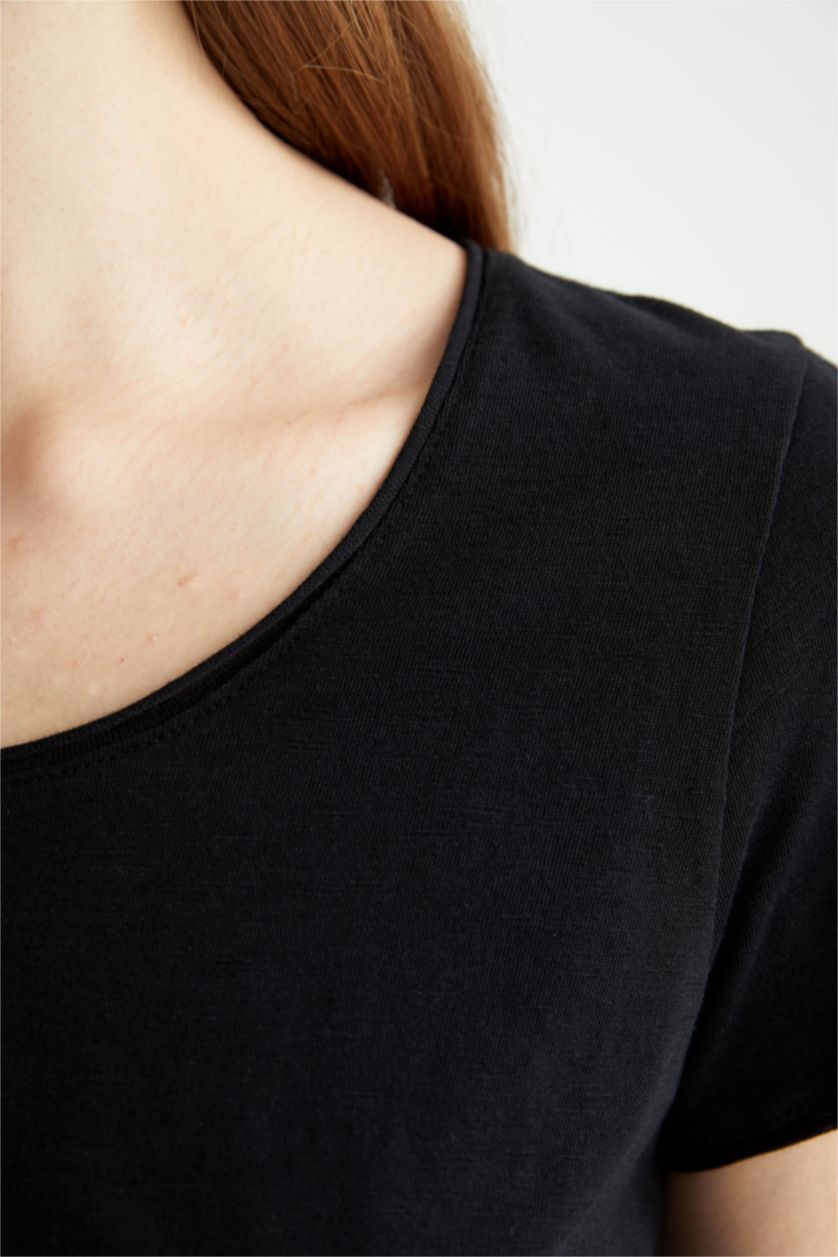 نساء أسود تيشيرت قطن نص ردن قصة عادية بياخة مستديرة