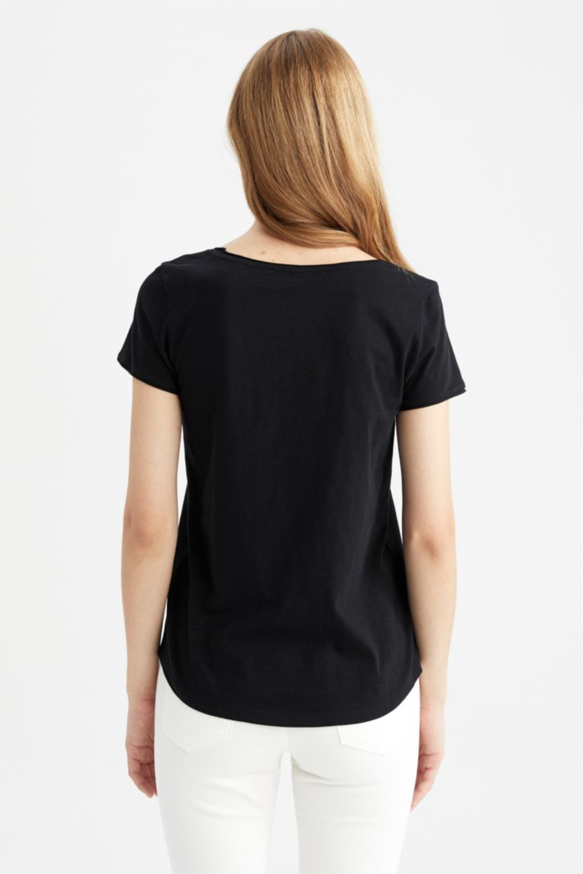 نساء أسود تيشيرت قطن نص ردن قصة عادية بياخة مستديرة