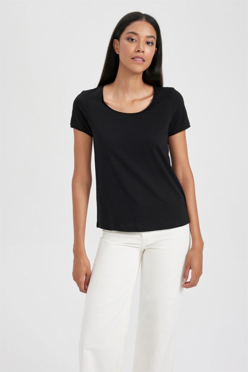 WOMAN Black Regular Fit Crew Neck Short Sleeve T-Shirt