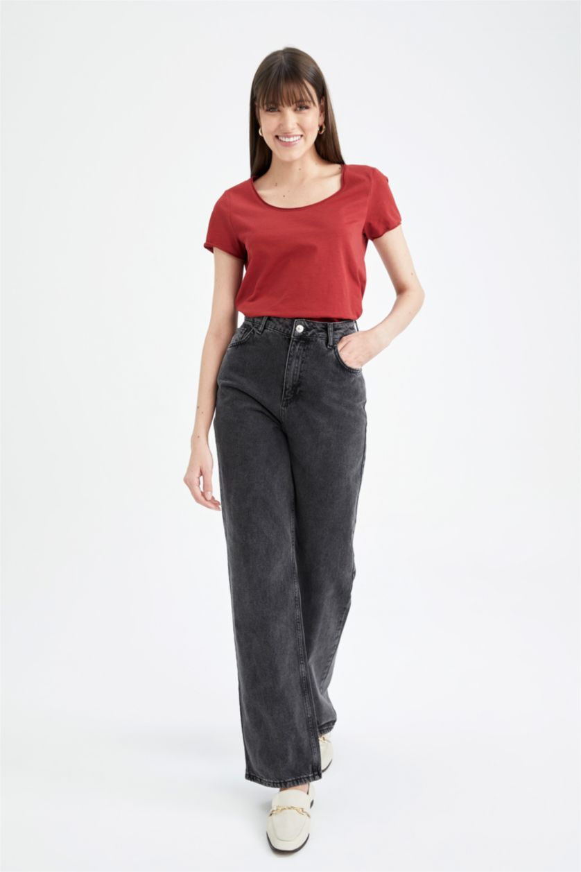 نساء خمري تيشيرت قطن قصة عادية بياقة مستديرة نص كم