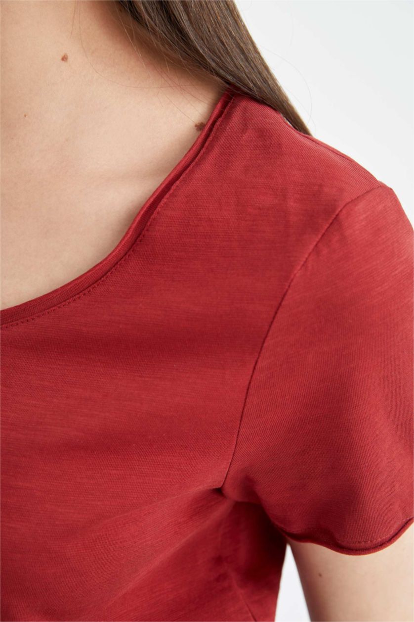 نساء خمري تيشيرت قطن قصة عادية بياقة مستديرة نص كم