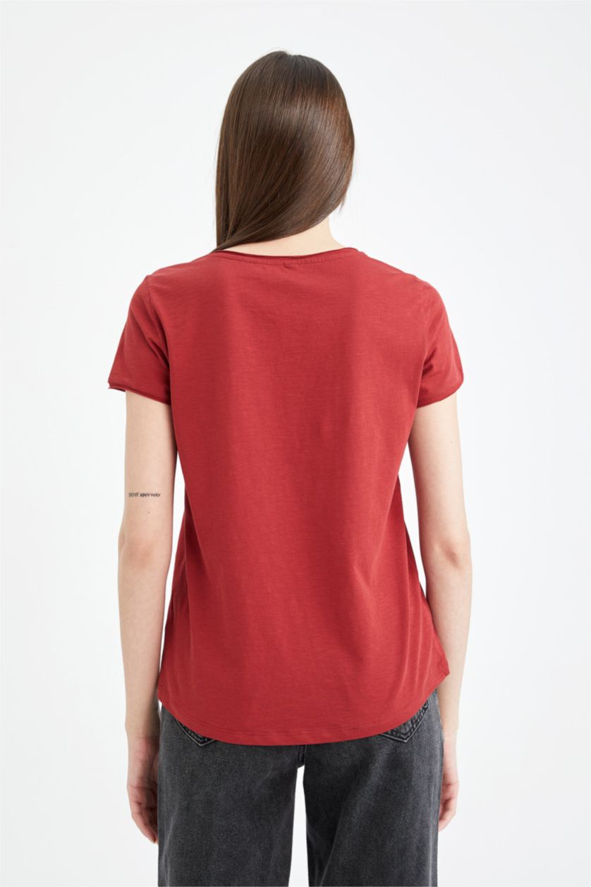 نساء خمري تيشيرت قطن قصة عادية بياقة مستديرة نص كم