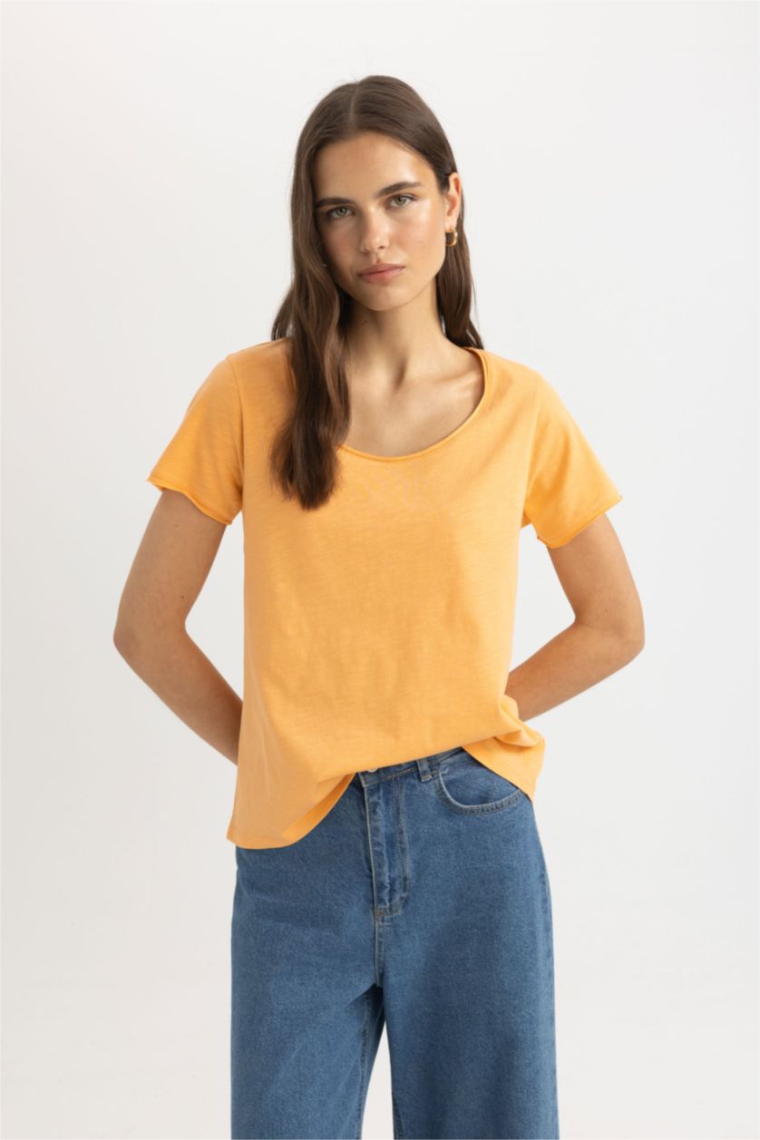 نساء سيموني تيشيرت نص كم قصة عادية برقبة دائرية