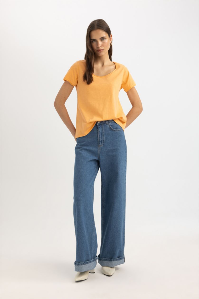 نساء سيموني تيشيرت نص كم قصة عادية برقبة دائرية