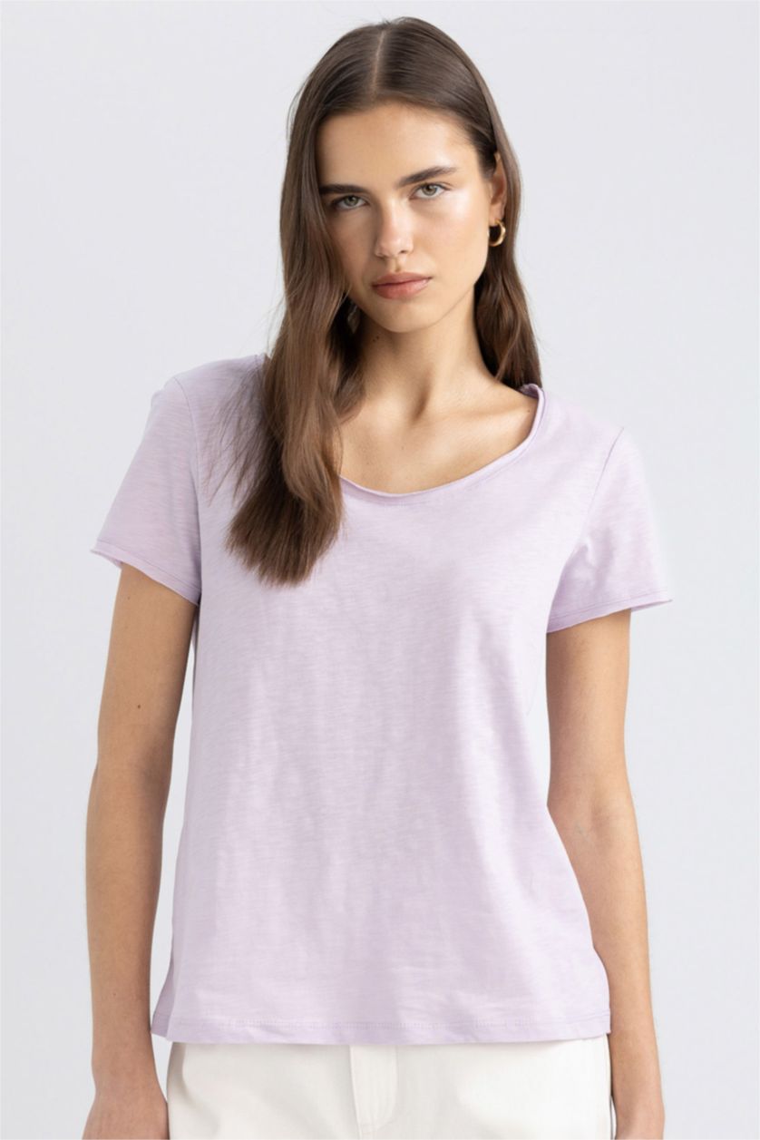 WOMAN Light Lilac Regular Fit V-Neck Short Sleeve T-Shirt