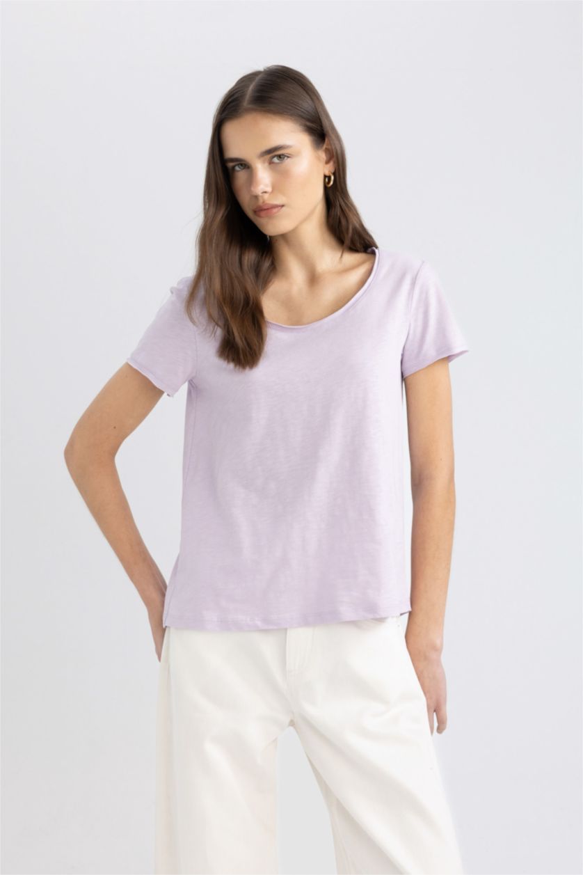 WOMAN Light Lilac Regular Fit V-Neck Short Sleeve T-Shirt