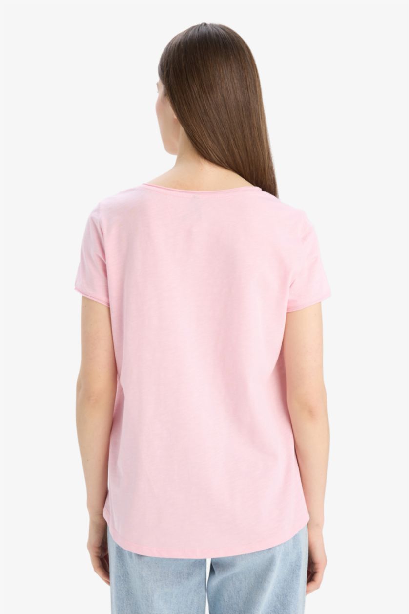 Woman Light Pink Regular Fit Crew Neck Basic Short Sleeve T-Shirt