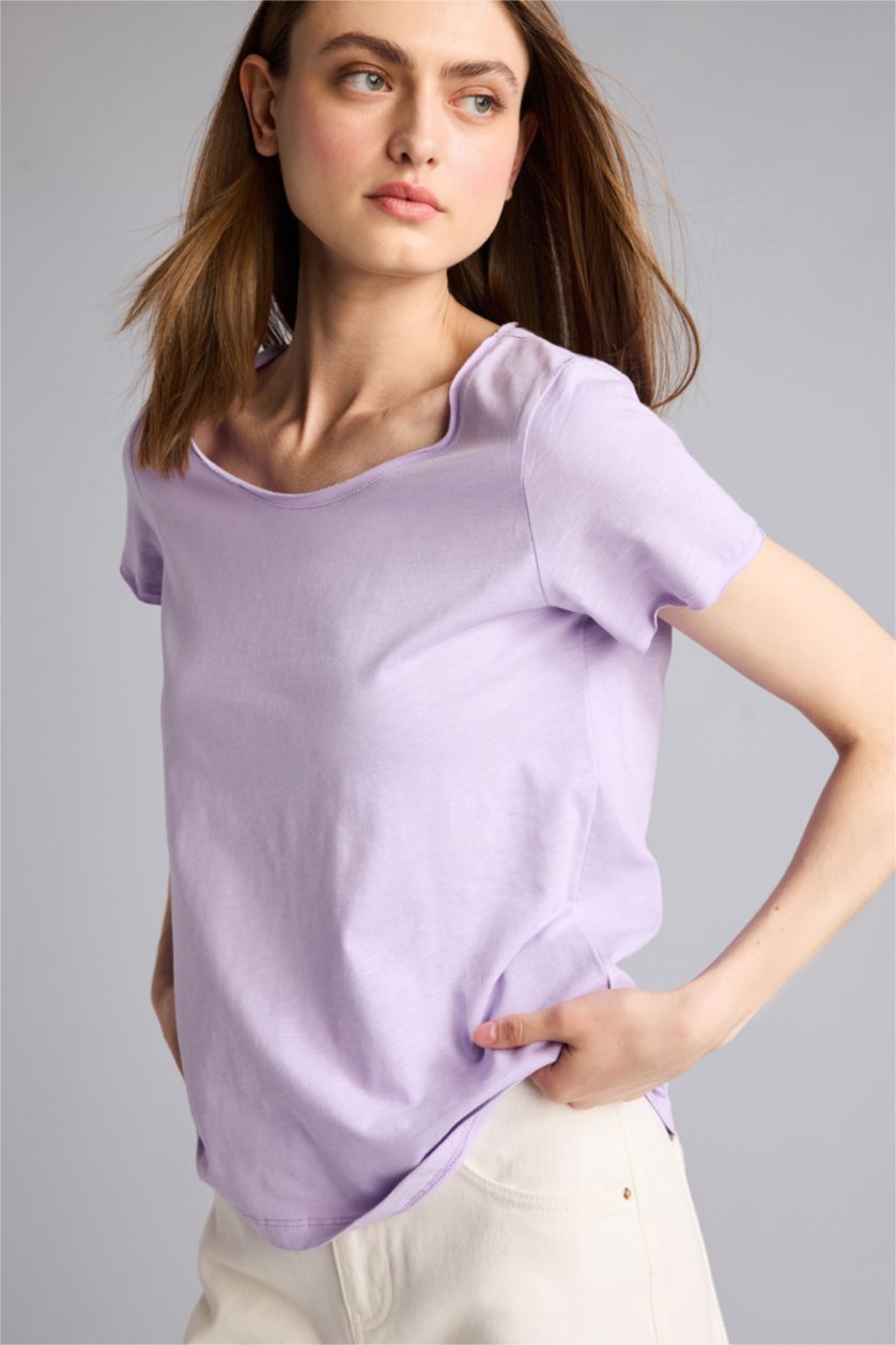 Kadın Lila Regular Fıt Basic Tişört