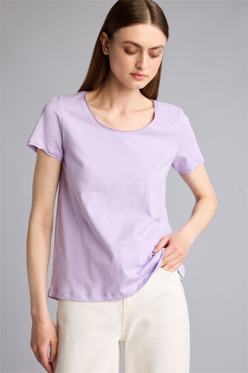 Kadın Lila Regular Fıt Basic Tişört