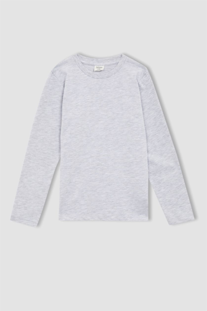 BOYS & TEENS Light Grey Melange Boys Back To School Regular Fit Basic Crew Neck Long Sleeve Combed Cotton T-Shirt