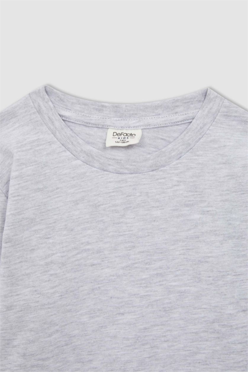 BOYS & TEENS Light Grey Melange Boys Back To School Regular Fit Basic Crew Neck Long Sleeve Combed Cotton T-Shirt