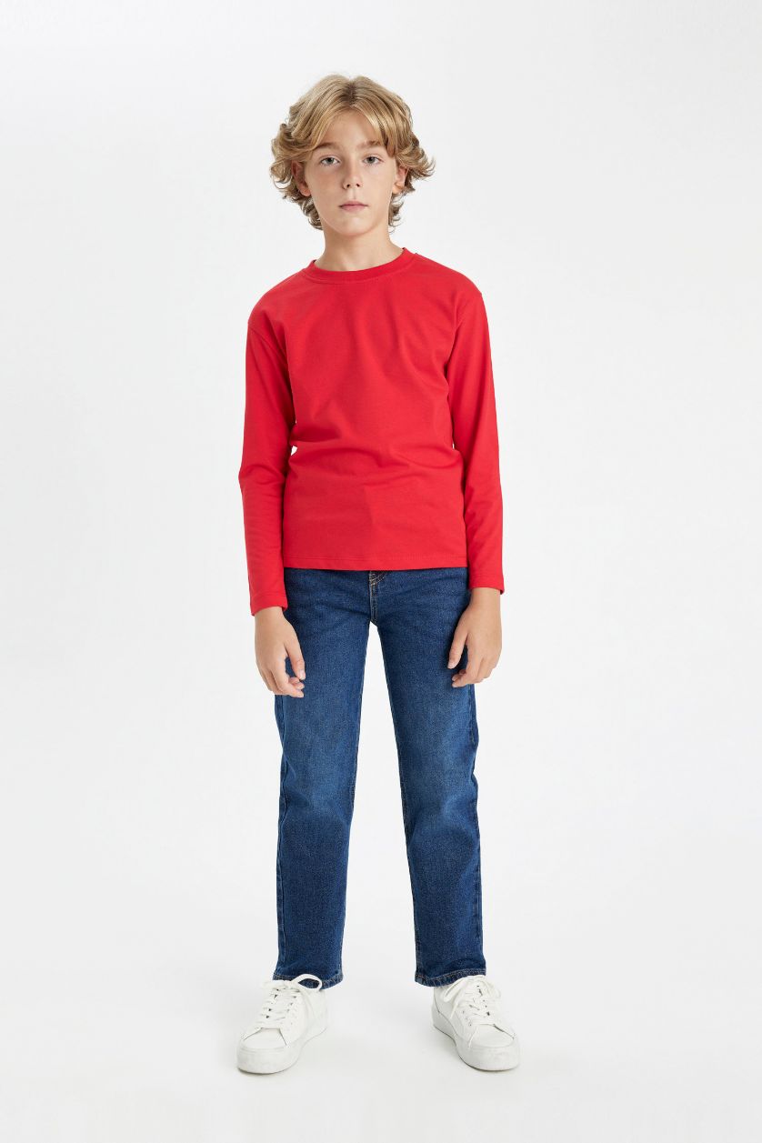 Erkek Çocuk - Genç Erkek Kırmızı Erkek Çocuk Bisiklet Yaka Uzun Kollu Basic Düz Okul Tişörtü