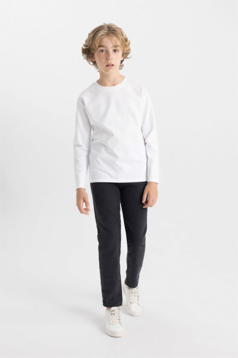 BOYS & TEENS White تيشيرت كم طويل قصة عادية