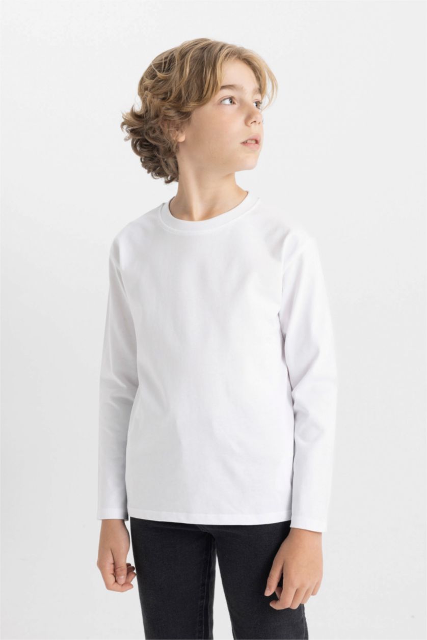 BOYS & TEENS White تيشيرت كم طويل قصة عادية