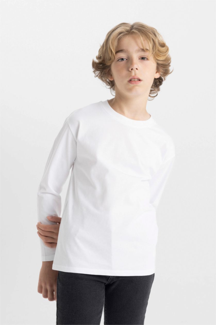 BOYS & TEENS White تيشيرت كم طويل قصة عادية