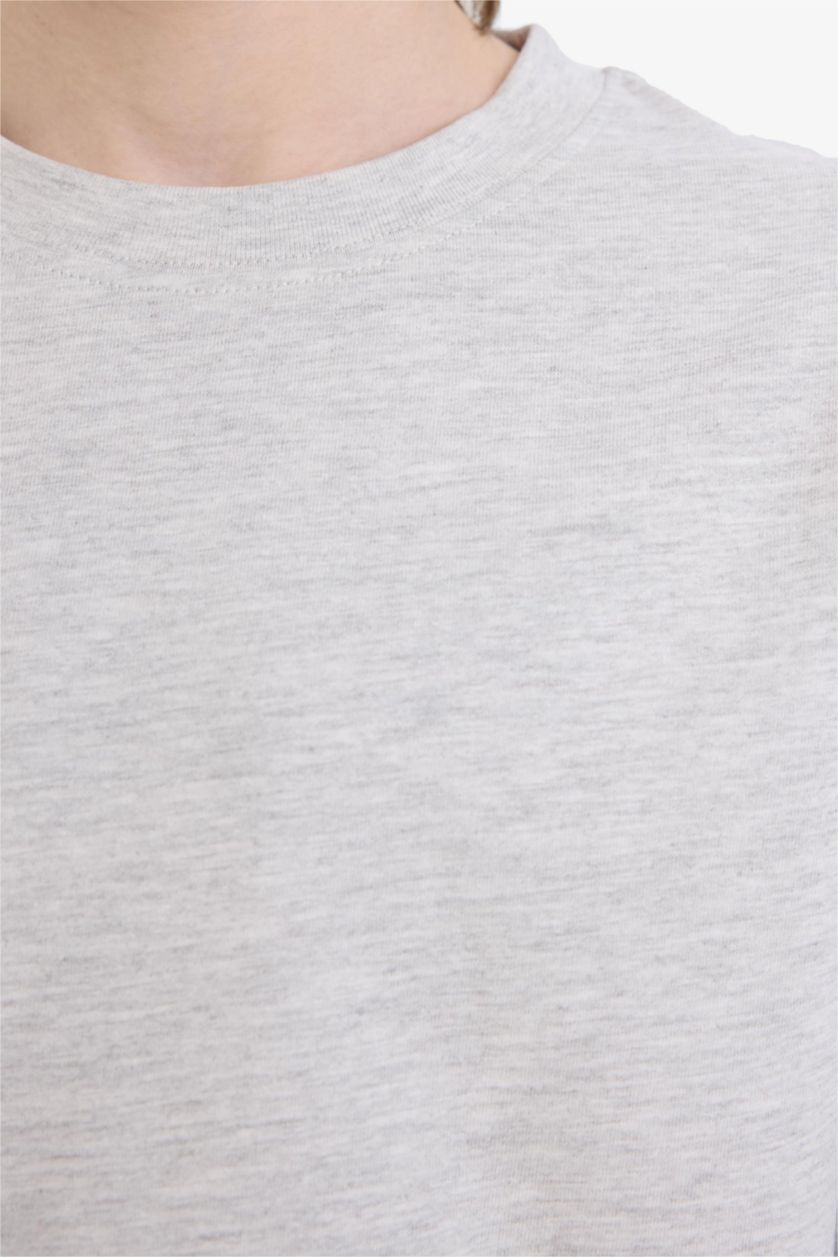 أولادي ميلانج رمادي فاتح تيشيرت اولادي بيزك كم طويل قصة عادية برقبة مستديرة