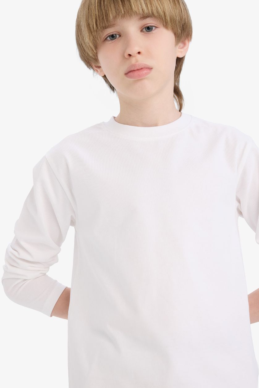 BOYS & TEENS White Boy Crew Neck Basic Long Sleeve T-Shirt