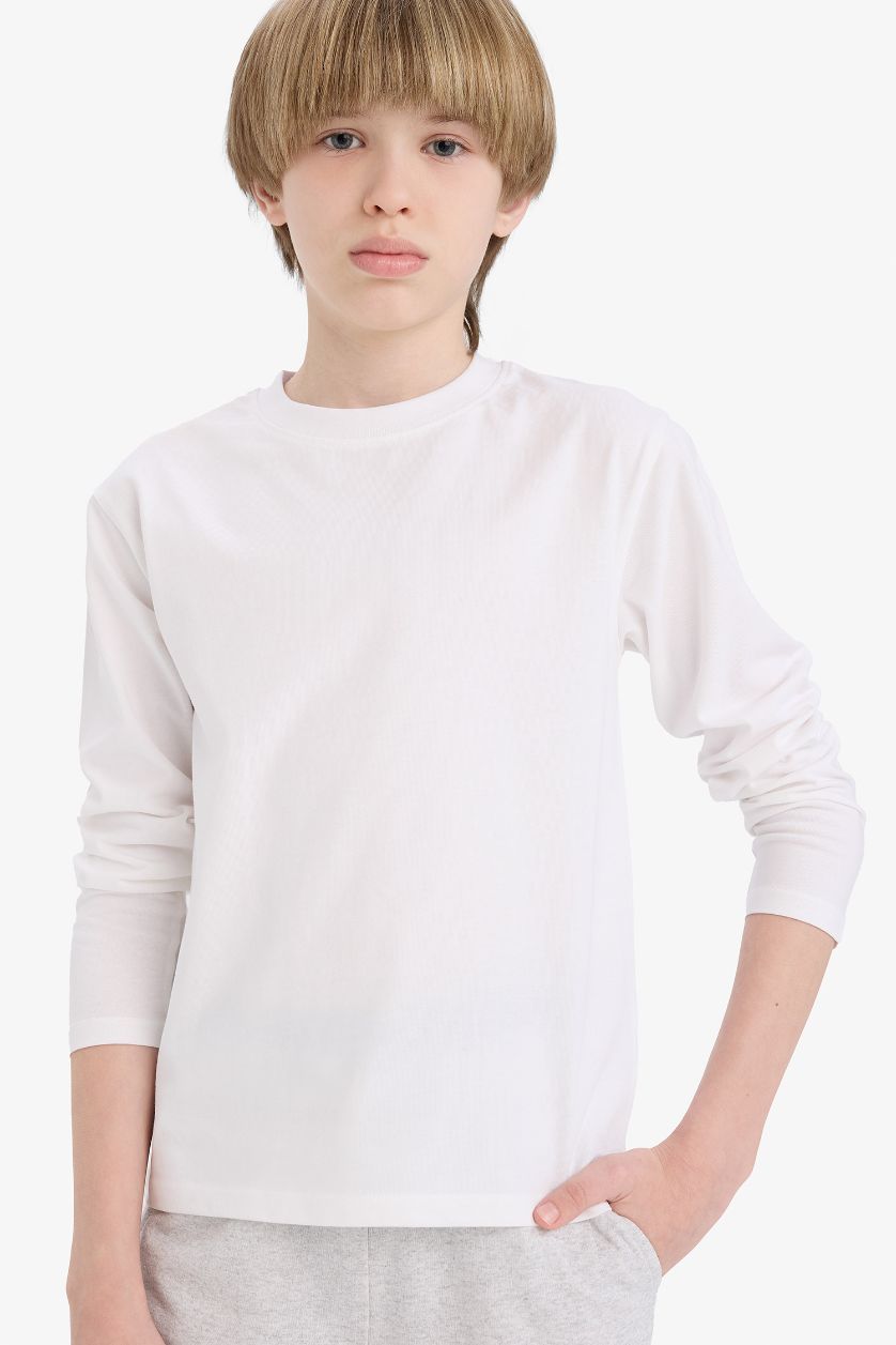 BOYS & TEENS White Boy Crew Neck Basic Long Sleeve T-Shirt