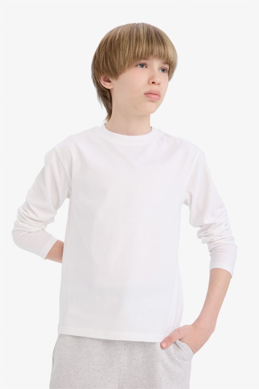 BOYS & TEENS White Boy Crew Neck Basic Long Sleeve T-Shirt