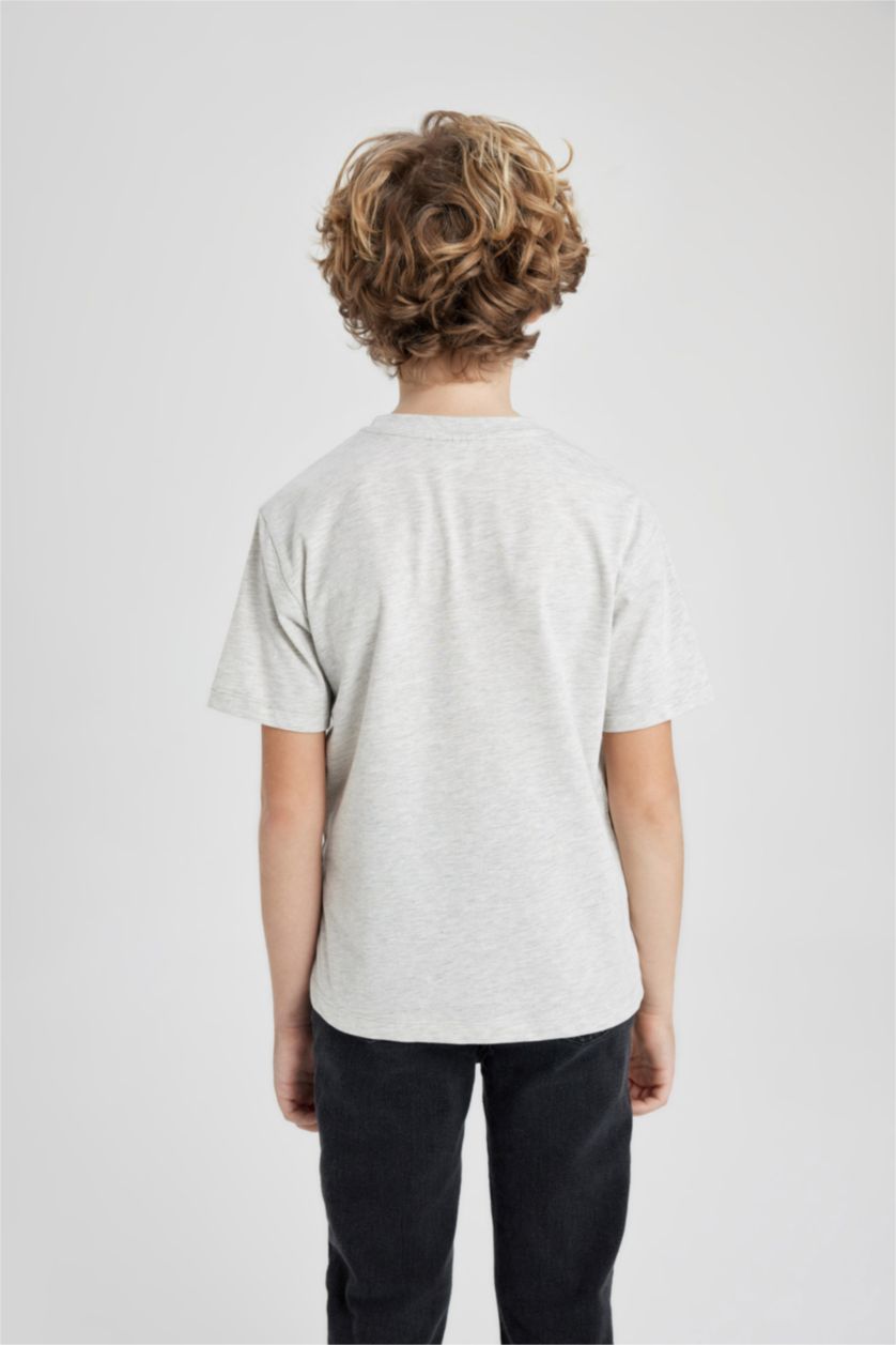 Erkek Çocuk - Genç Erkek Optik Gri Melanj Bisiklet Yaka Basic Düz Kısa Kollu Tişört Erkek Çocuk