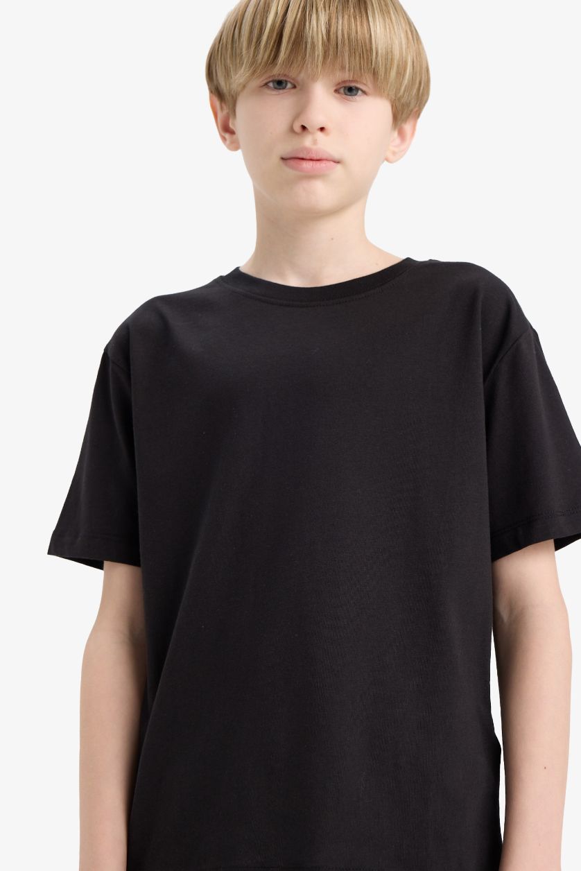 Erkek Çocuk - Genç Erkek Siyah Bisiklet Yaka Basic Düz Kısa Kollu Okul Tişörtü Erkek Çocuk