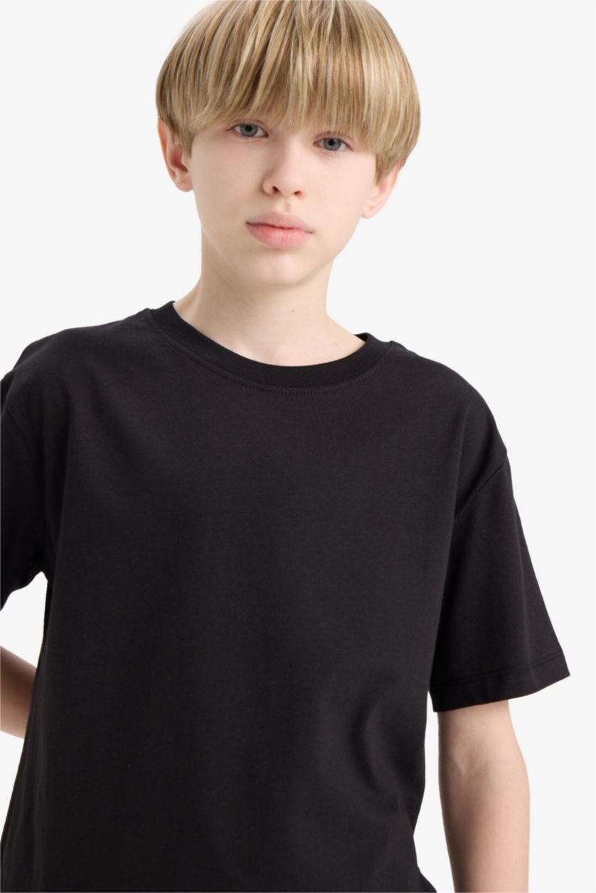 Erkek Çocuk - Genç Erkek Siyah Bisiklet Yaka Basic Düz Kısa Kollu Okul Tişörtü Erkek Çocuk