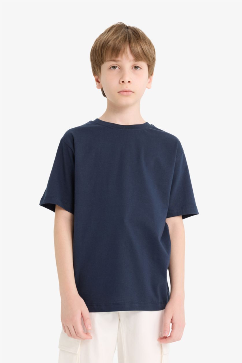 Erkek Çocuk - Genç Erkek Lacivert Bisiklet Yaka Basic Düz Kısa Kollu Okul Tişörtü Erkek Çocuk