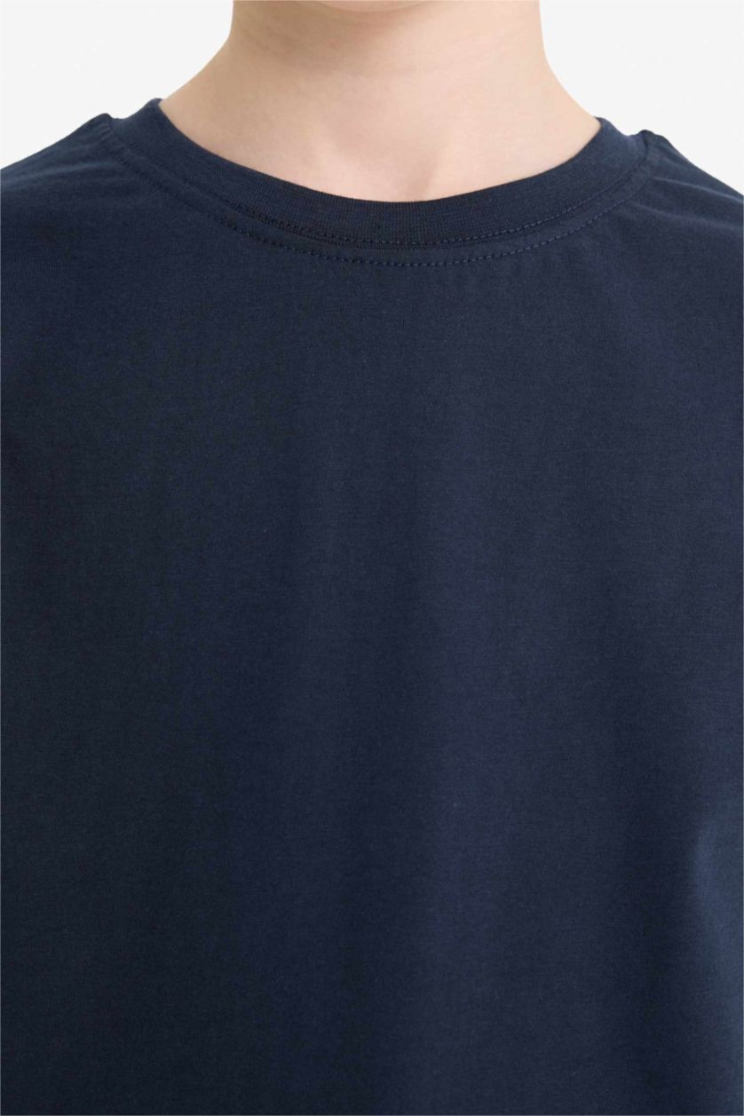 Erkek Çocuk - Genç Erkek Lacivert Bisiklet Yaka Basic Düz Kısa Kollu Okul Tişörtü Erkek Çocuk