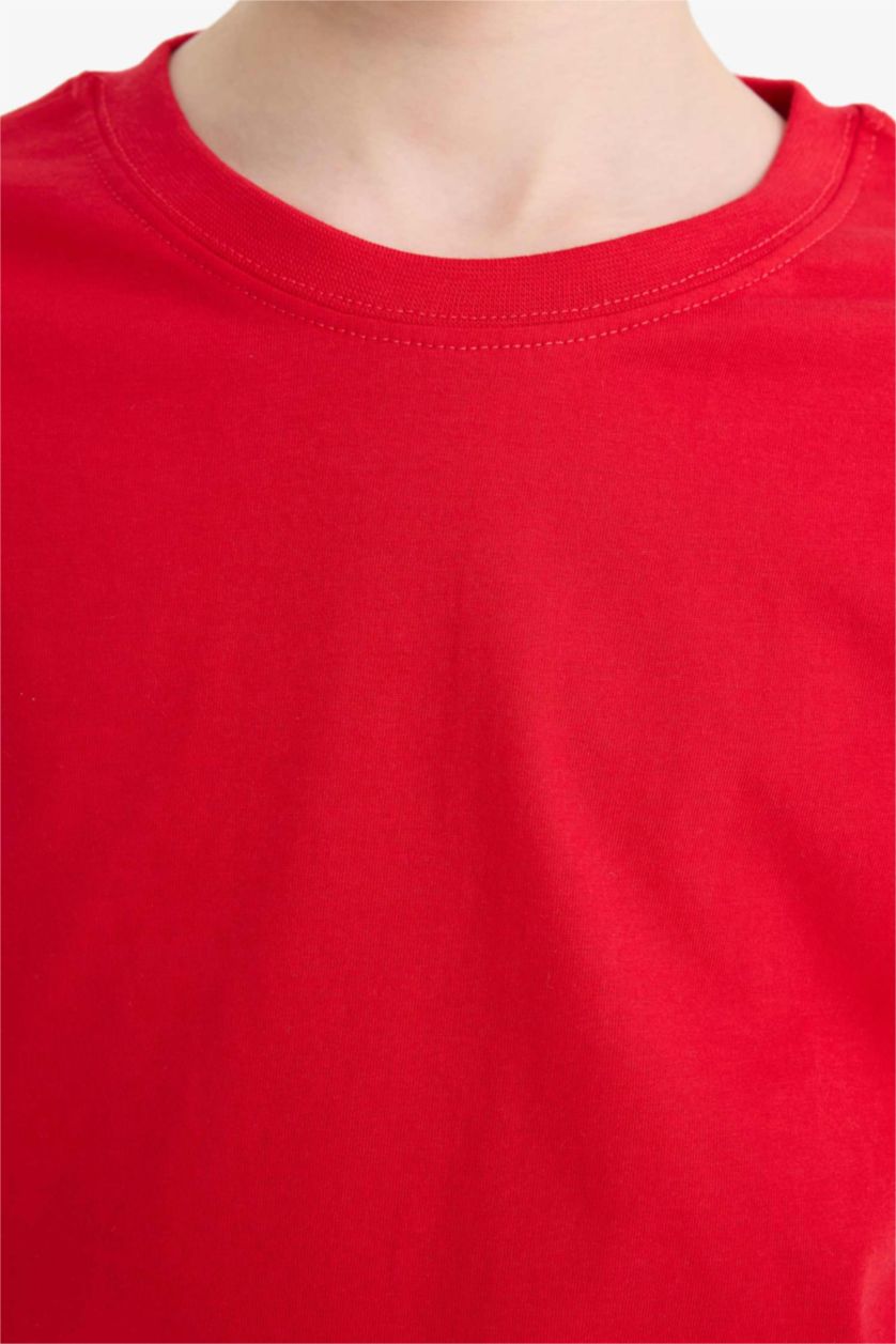 Erkek Çocuk - Genç Erkek Kırmızı Erkek Çocuk Bisiklet Yaka Basic Düz Kısa Kollu Okul Tişörtü