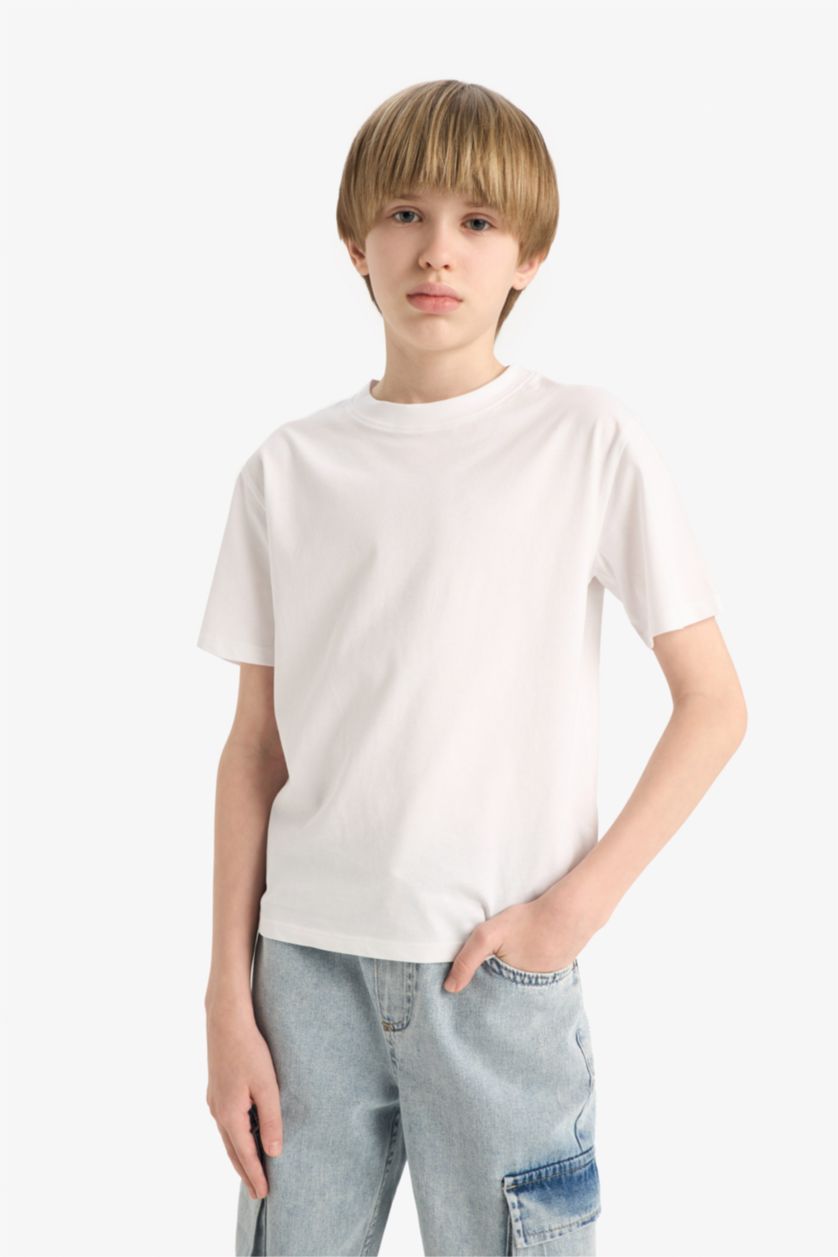 BOYS & TEENS White Boy Crew Neck Basic Short Sleeve T-Shirt