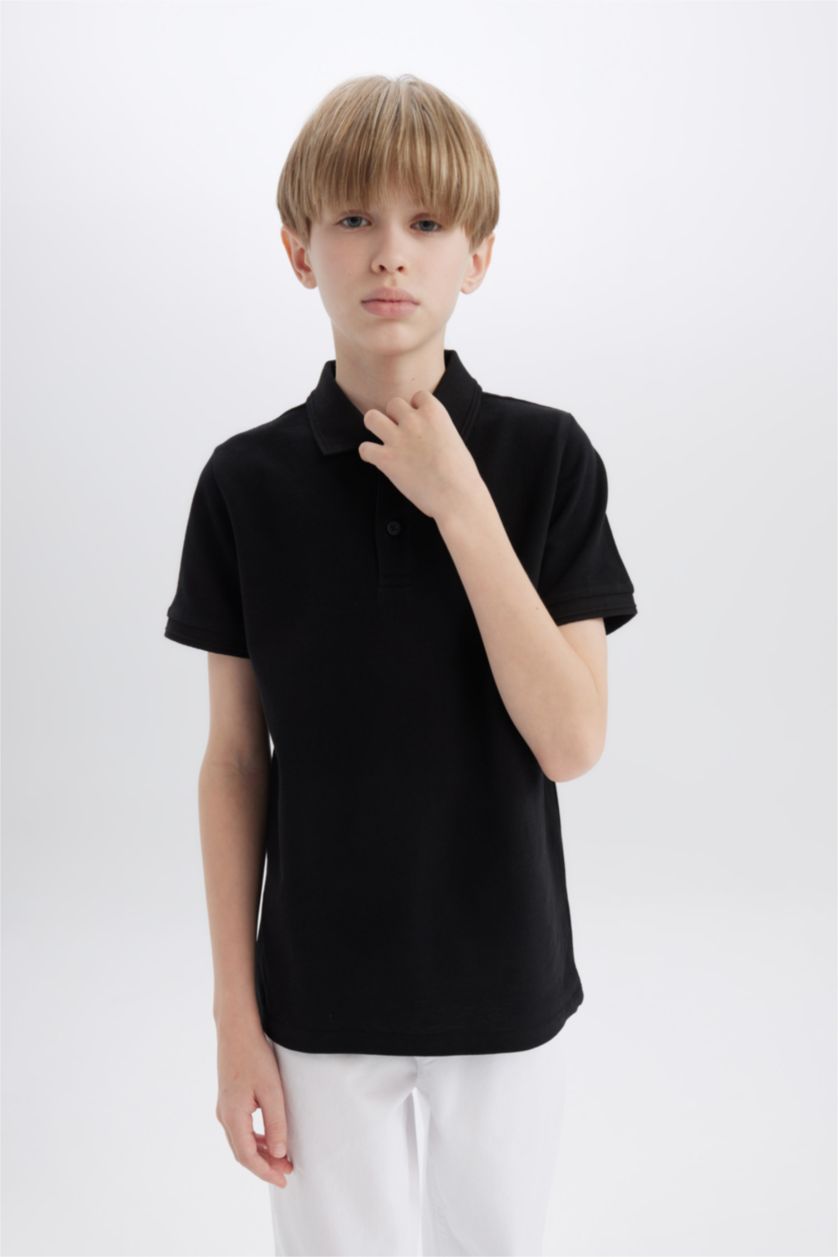 BOYS & TEENS Black تيشيرت بولو نص كم بيكة قصة عادية