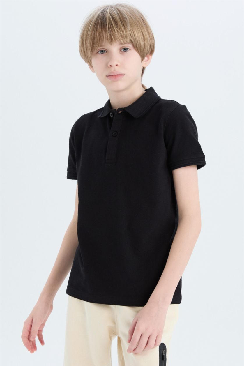 BOYS & TEENS Black Boy Basic Pique Short Sleeve Polo T-Shirt