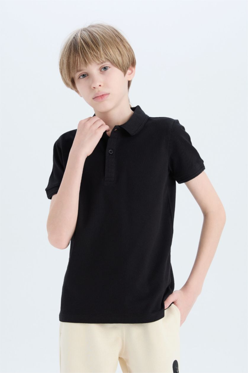 BOYS & TEENS Black Boy Basic Pique Short Sleeve Polo T-Shirt