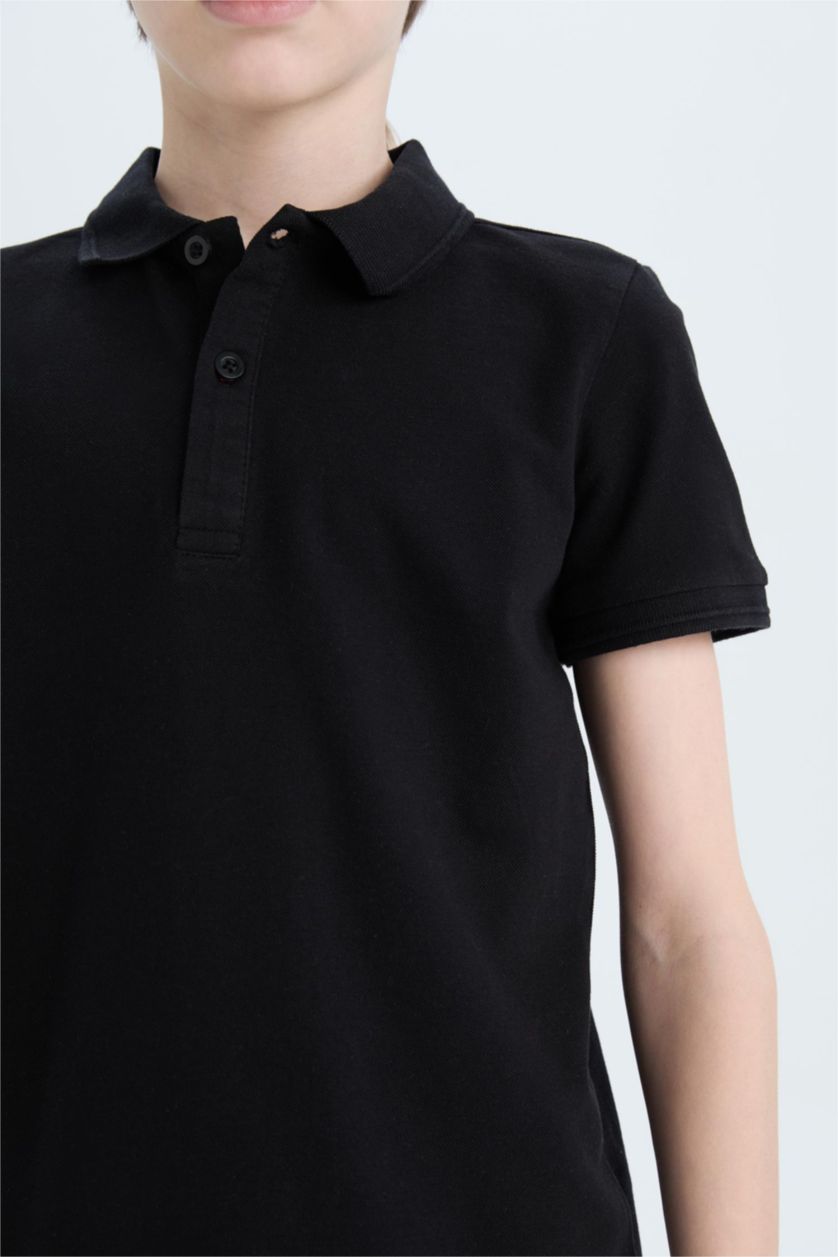 BOYS & TEENS Black Boy Basic Pique Short Sleeve Polo T-Shirt