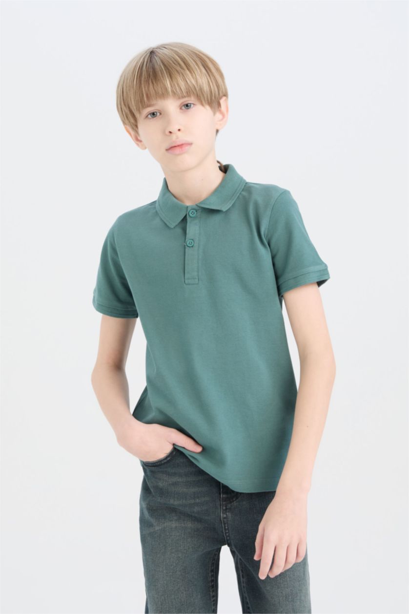 Erkek Çocuk - Genç Erkek Yeşil Polo Yaka Basic Düz Pike Kısa Kollu Tişört Erkek Çocuk