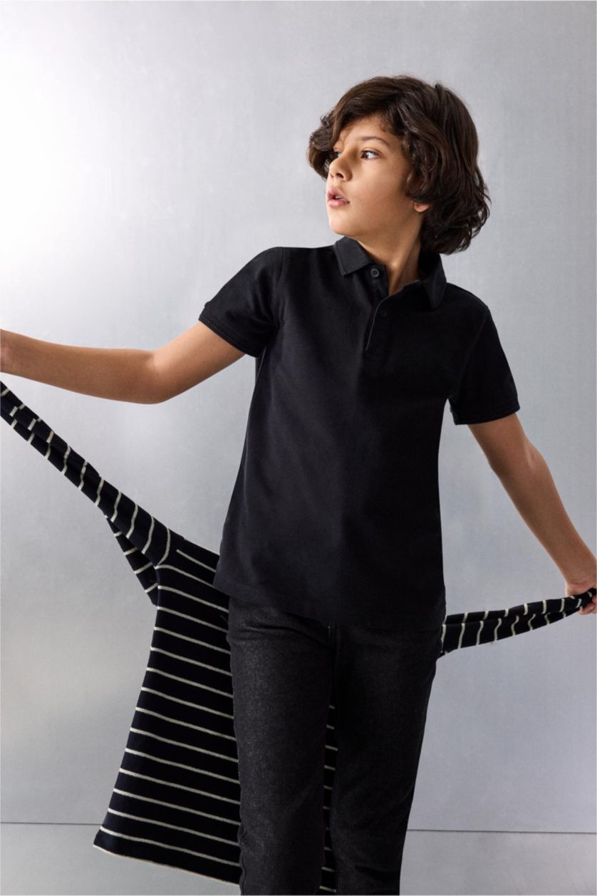 Boys & Teens Black Boy Regular Fit Basic Plain Pique Polo T-Shirt