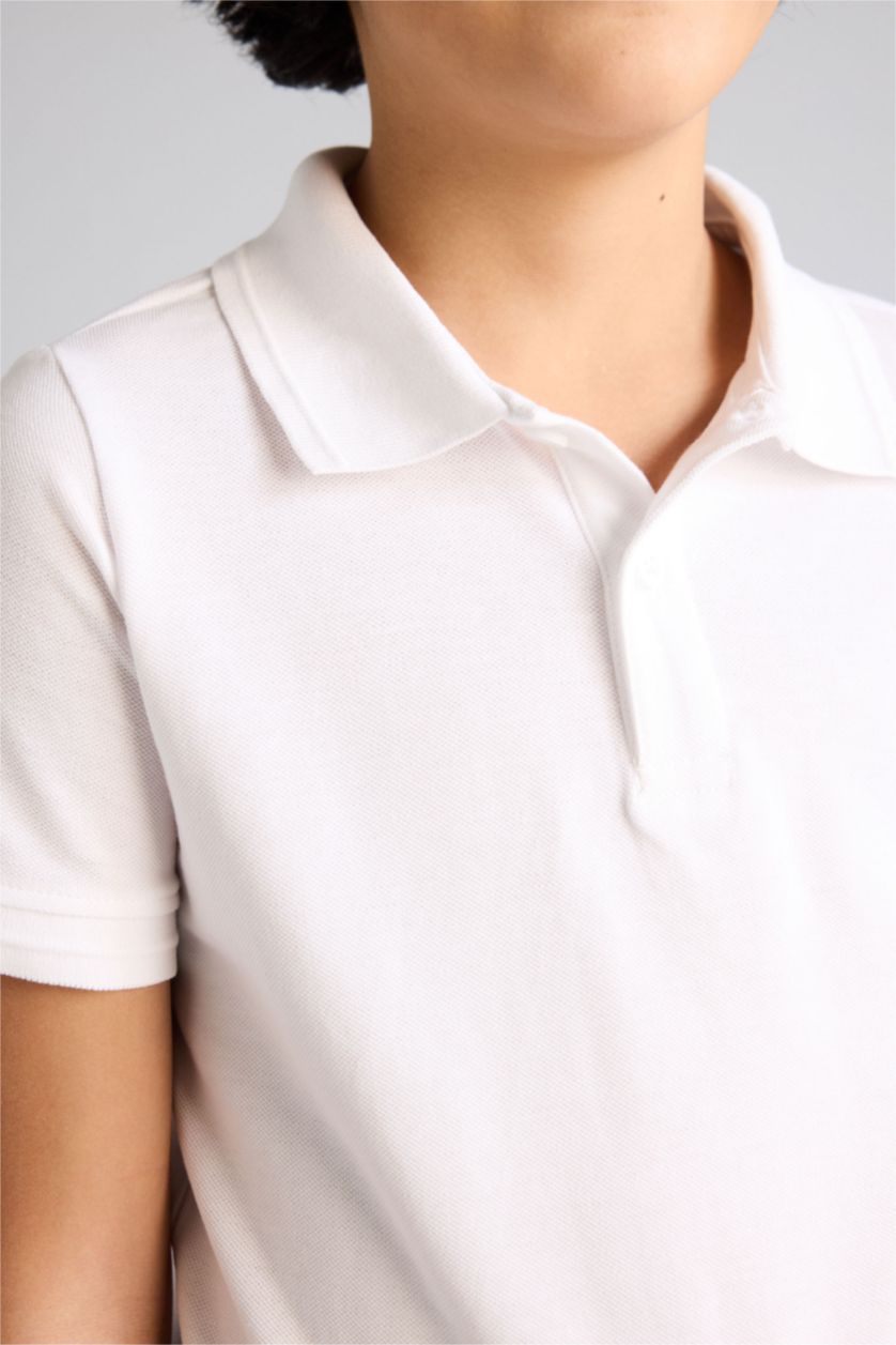 Erkek Çocuk - Genç Erkek Beyaz Regular Fıt Polo Yaka Basıc Düz Pike Kısa Kollu Polo Tişört Erkek Çocuk