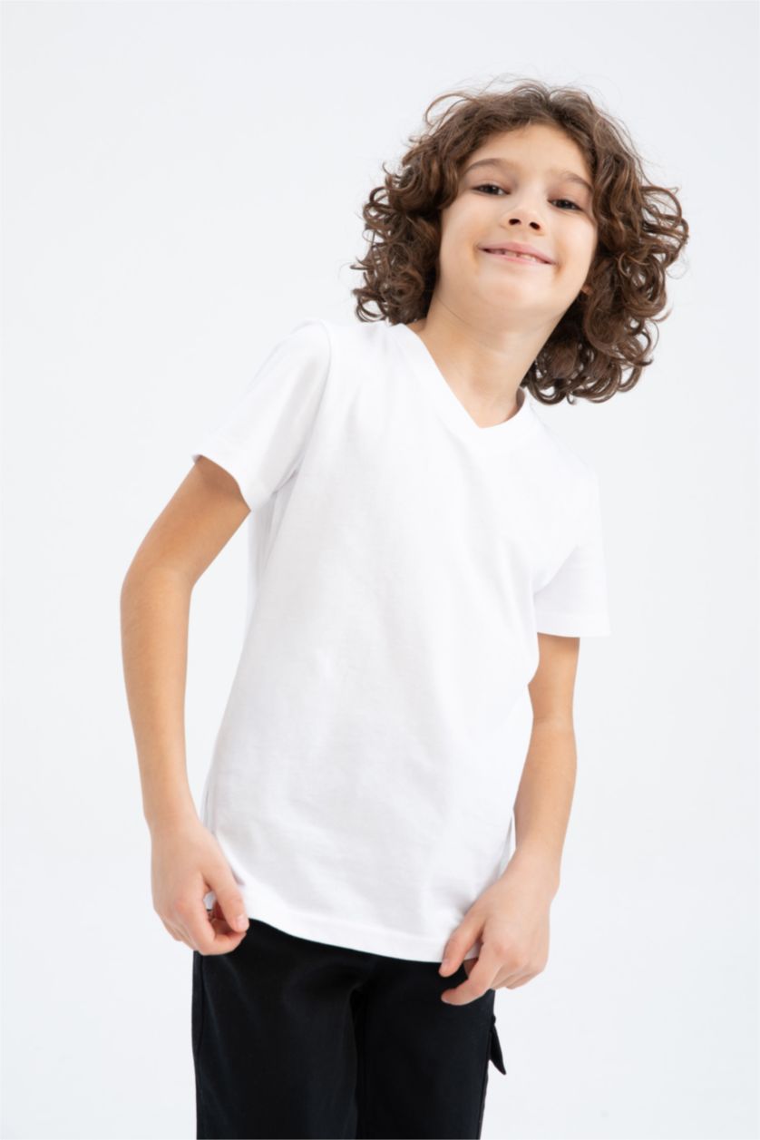 BOYS & TEENS White Boy V-Neck Short Sleeved T-Shirt