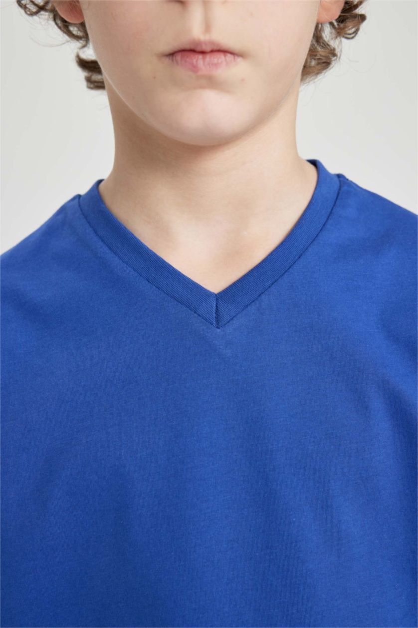 Erkek Çocuk - Genç Erkek Saks Erkek Çocuk V Yaka Basic Düz Kısa Kollu Tişört