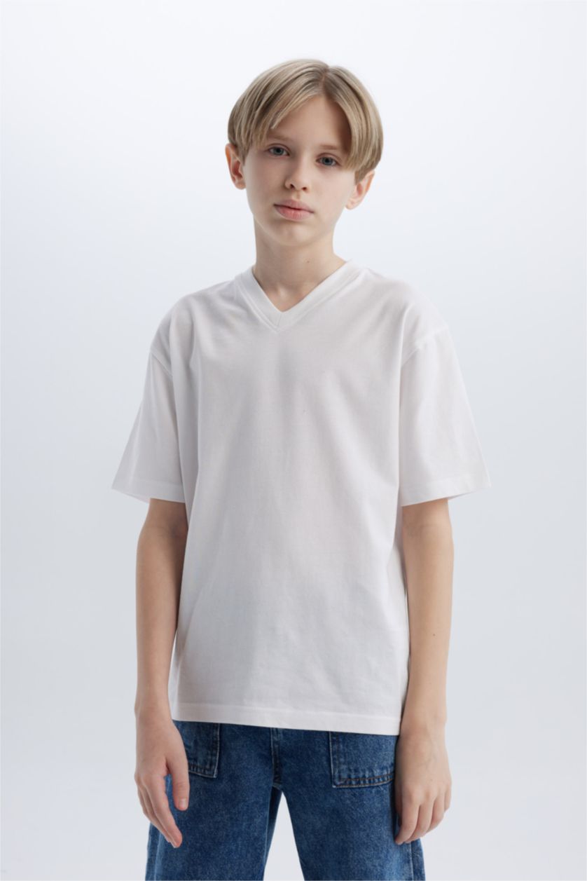 BOYS & TEENS White Boy Regular Fit V Neck Short Sleeve T-Shirt